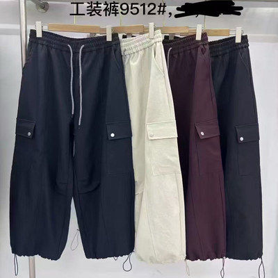 工装风大码宽松大口袋松紧腰百搭裤脚抽绳宽松直筒阔腿长裤F32