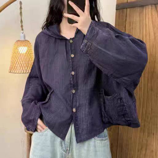 宽松型连帽褶皱常规大码脏染炒色做旧苎麻衬衫单排扣长袖上衣L25,女装/女士精品,衬衫,淘宝优惠券,粉丝福利购,淘宝优惠卷