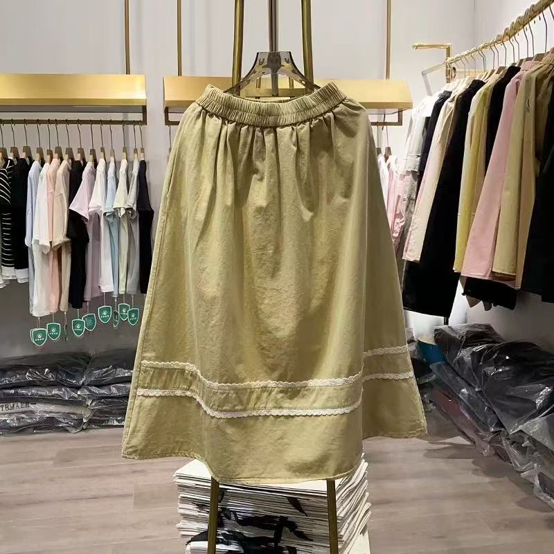 新款蕾丝花边拼接半身裙女文艺百搭松紧腰中长款A字裙潮P32