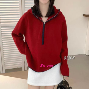 时尚 宽松百搭显瘦针织套头上衣C43 连帽撞色半开襟拉链毛衣女大版