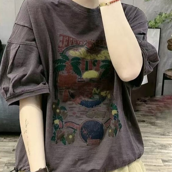 炒色做旧印花圆领套头T恤女文艺时尚休闲宽松百搭上衣潮Q12