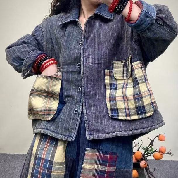 老布拼接休闲大口袋翻领大码翻领单排扣加棉加厚棉服1014