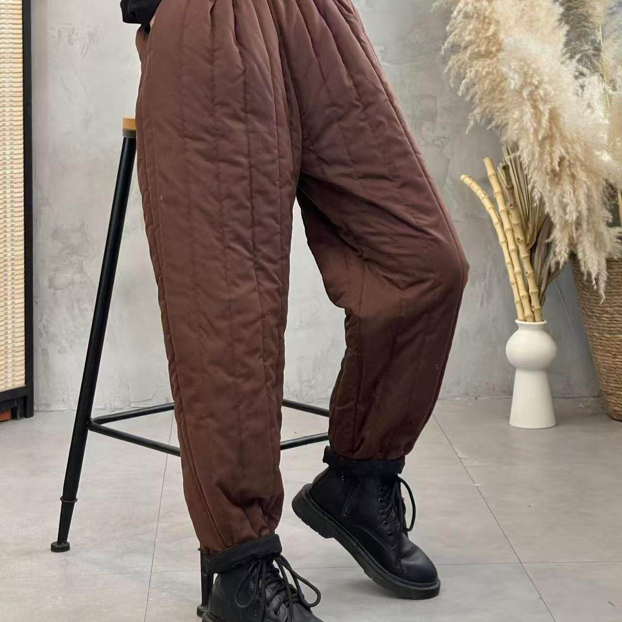 个性竖压线夹棉保暖休闲哈伦裤文艺纯色松紧高腰棉裤子H44