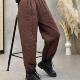 竖压线夹棉保暖休闲哈伦裤 文艺纯色松紧高腰棉裤 子H45 个性