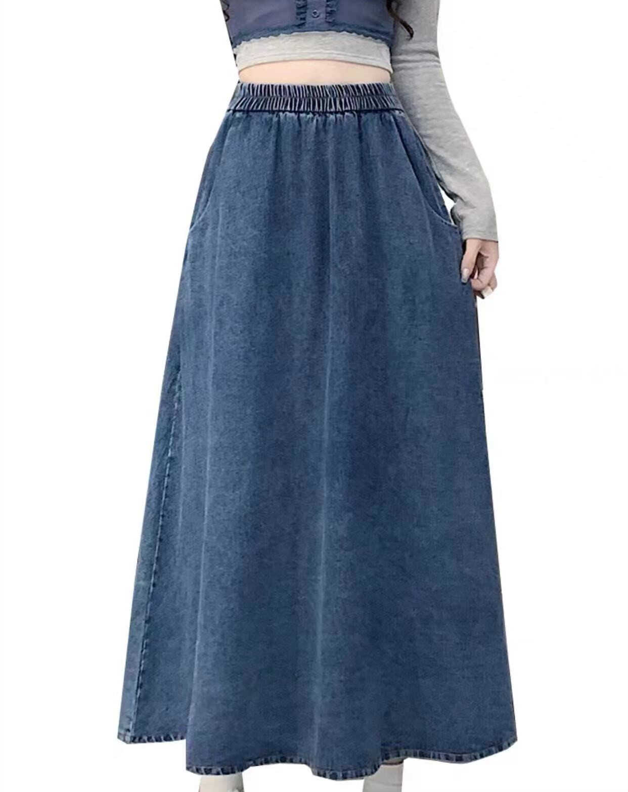 牛仔松紧腰A字大摆伞裙中长款