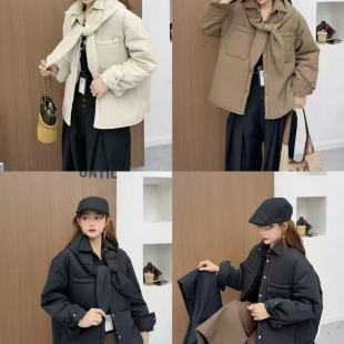 可拆卸帽个性 翻领单排扣休闲夹棉外套女复古宽松百搭棉衣B11