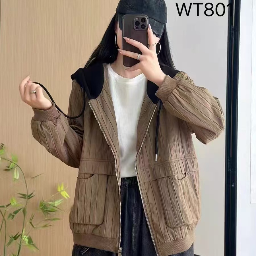 肌理感竖条纹连帽休闲宽松上衣女新款宽松百搭拉链外套G45