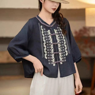 百支苧麻精致刺繡盤扣襯衣女文藝復(fù)古寬松百搭七分袖 時(shí)尚 上衣L42