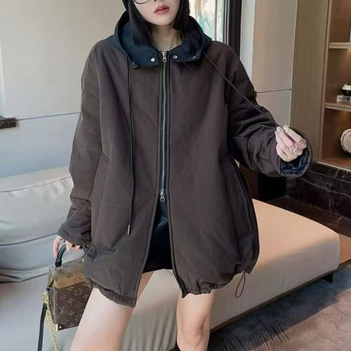 洋气时尚连帽撞色拉链棉服女新款宽松百搭中长款外套潮 M42 44