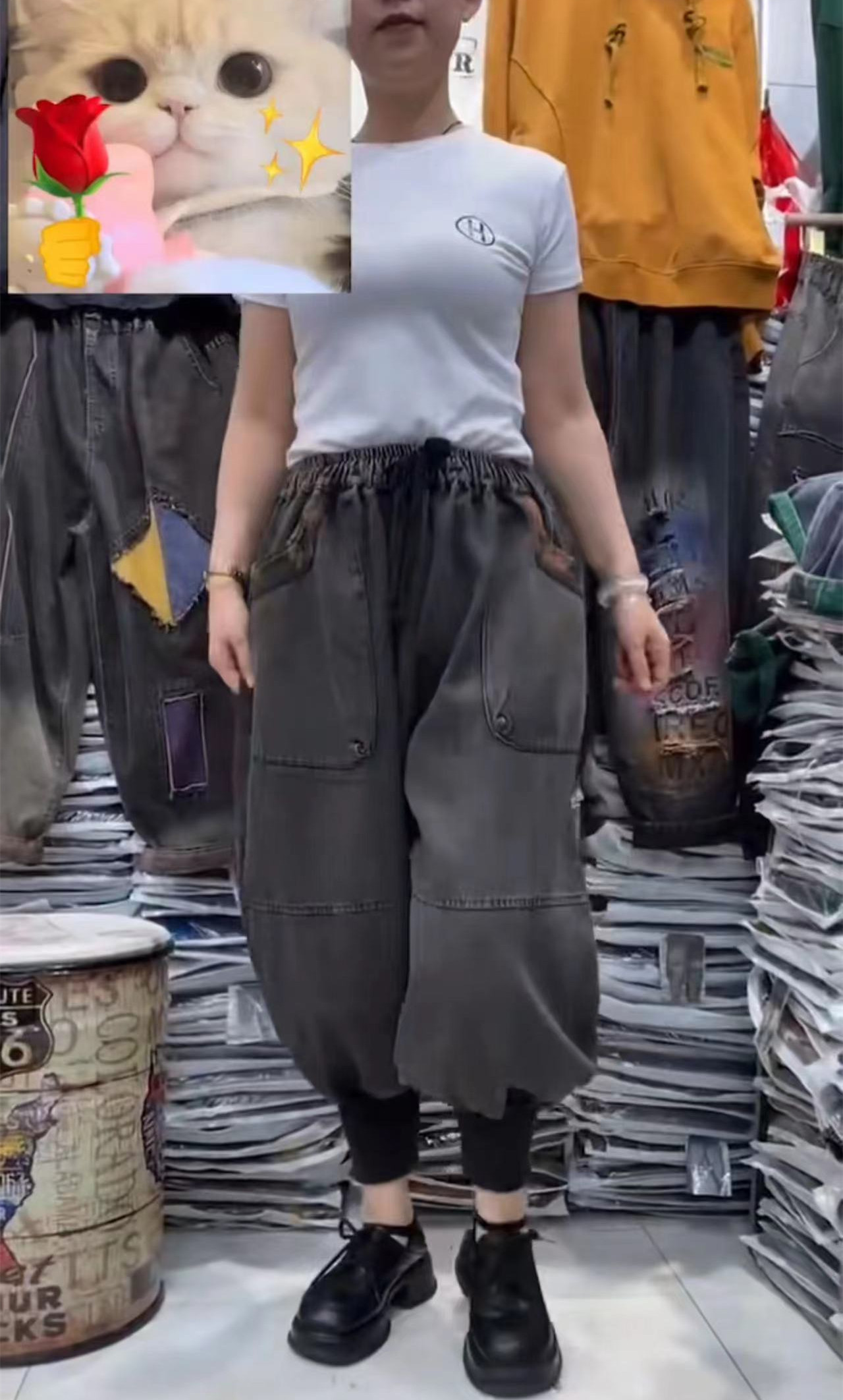 袋拼接牛仔裤做旧束口哈