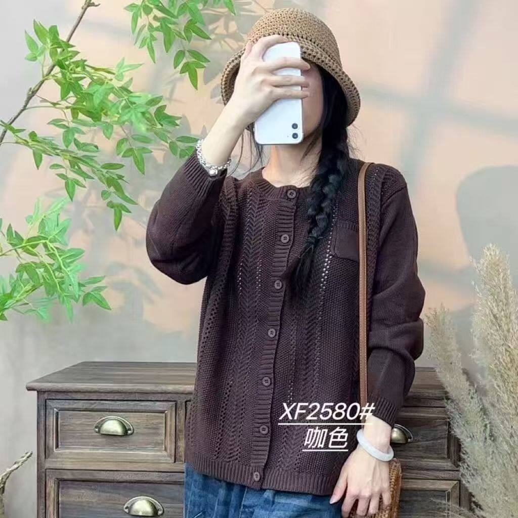 复古文艺棉线针织开衫女宽松百搭显瘦单排扣纯色毛衣潮1216