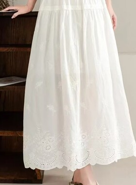 法式镂空纯棉高腰半身裙女春季新款文艺时尚纯色过膝伞裙S33
