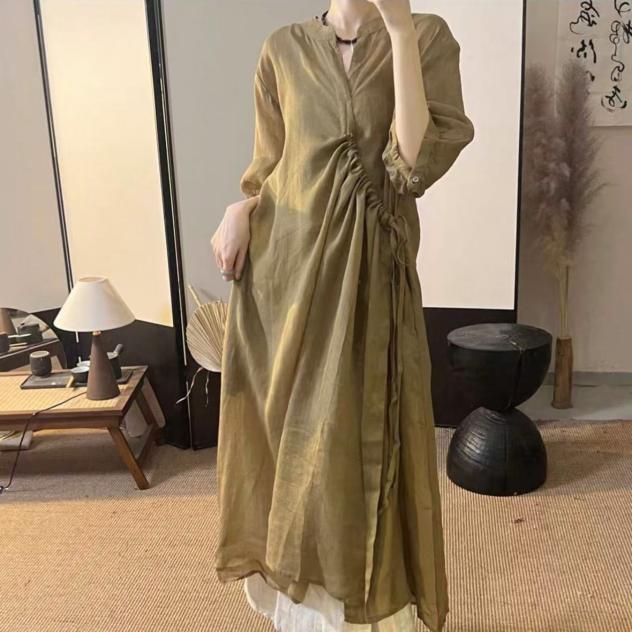洋气时尚设计感绑带斜开裙女文艺宽松百搭遮肉显瘦过膝裙C33