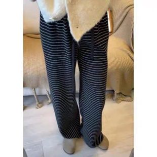慵懒风加绒高腰条纹休闲阔腿裤 K22 女宽松百搭舒适软糯直筒拖地裤