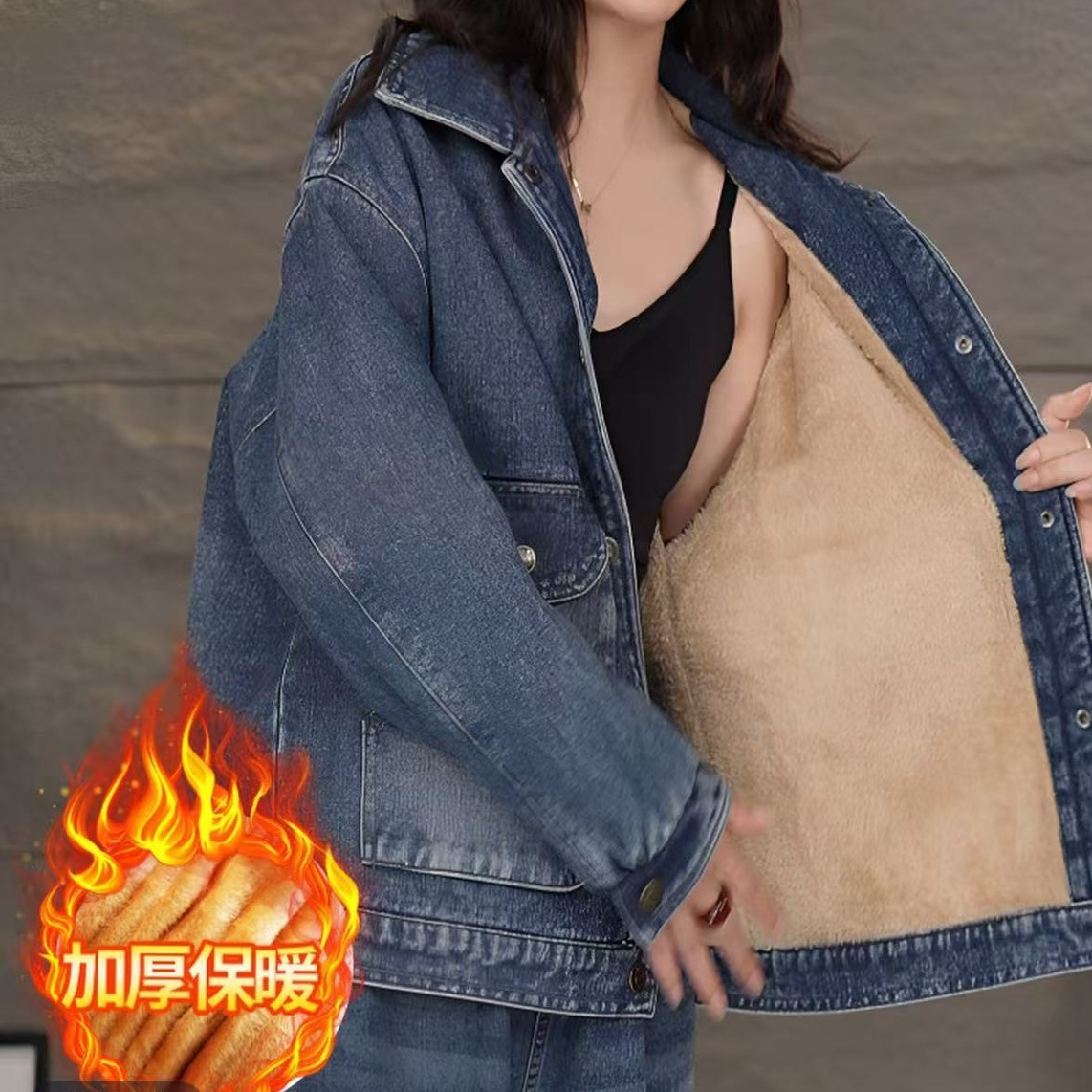 内里加绒加厚保暖牛仔外套女宽松百搭袋盖双口袋翻领上衣E32 33