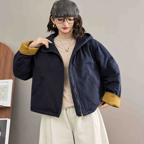 个性时尚袖口撞色连帽休闲拼接棉服上衣女宽松百搭拉链棉衣I11