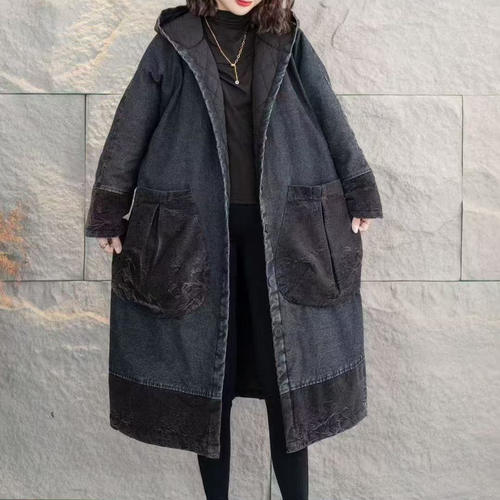立体大双口袋牛仔棉服外套冬季中长款宽松百搭连帽过膝棉衣K34