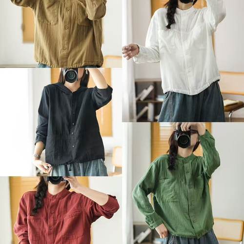 婴儿棉纱纯色宽松百搭舒适衬衣女单排扣休闲小立领衬衫I32