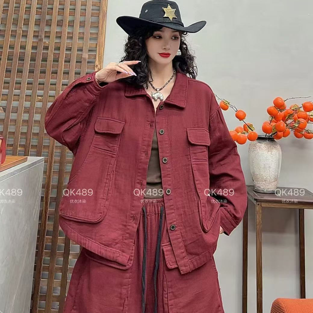 袋盖双口袋休闲翻领外套女文艺复古时尚洋气单排扣上衣潮N23