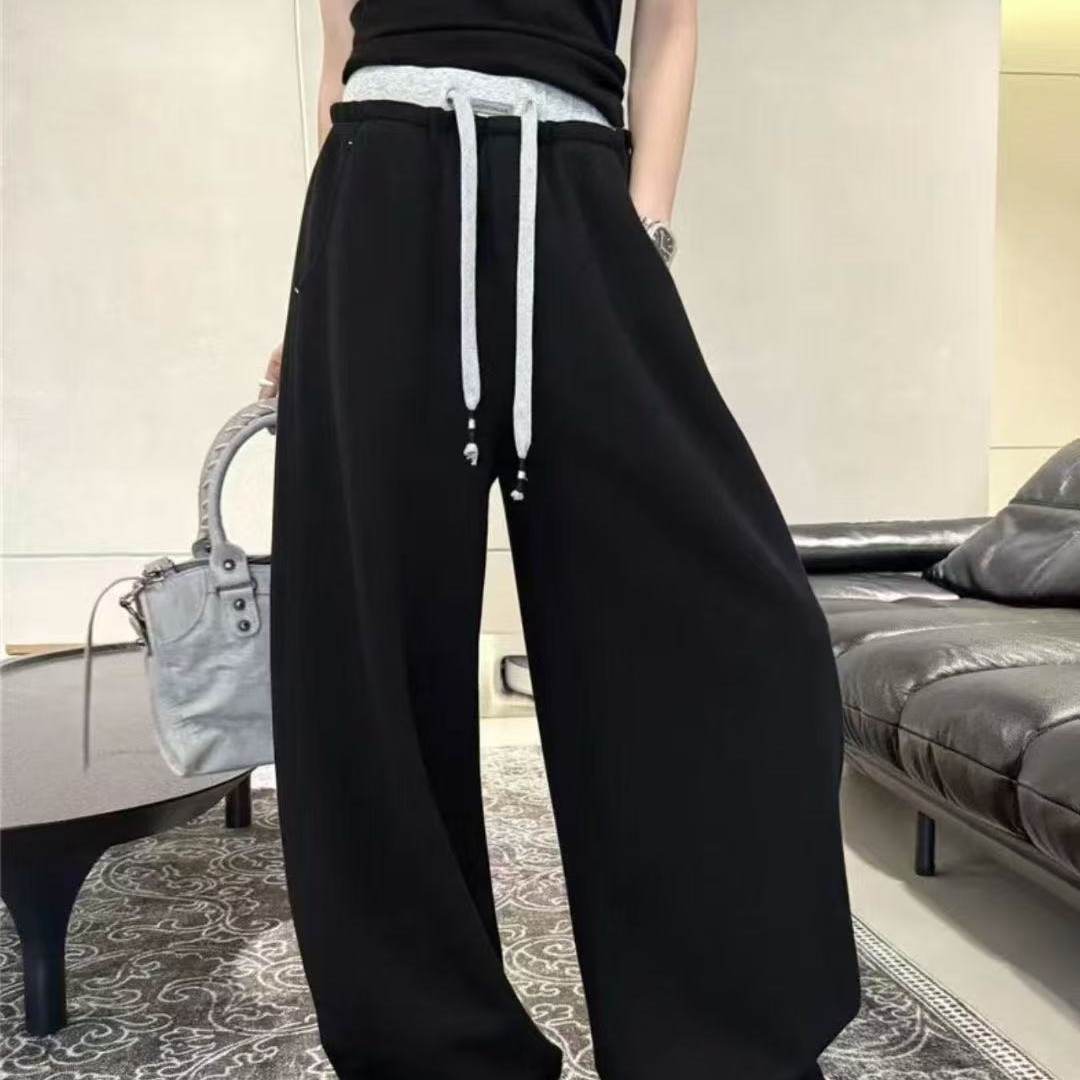 时尚腰部撞色加绒加厚弯刀休闲裤宽松休闲舒适高腰卫裤长裤H12