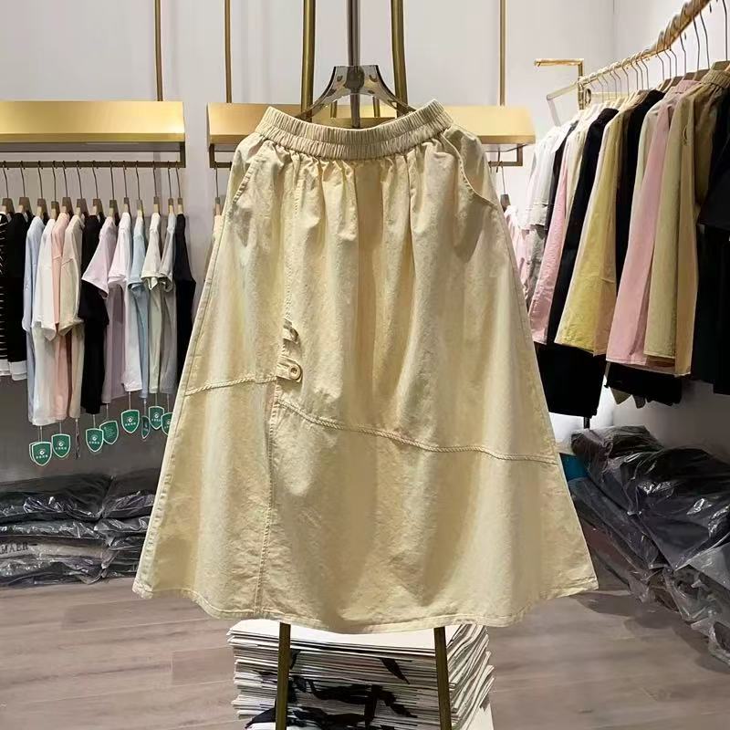 文艺时尚拼接纽扣半身裙宽松百搭中长款过膝高腰A字裙潮F14