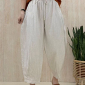 纯色纯亚麻刺绣百搭松紧腰系带休闲裤 潮B44 捏褶哈伦裤 女夏季 新款