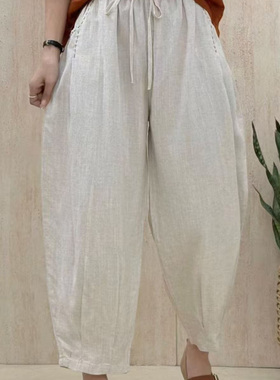 纯色纯亚麻刺绣百搭松紧腰系带休闲裤女夏季新款捏褶哈伦裤潮B44