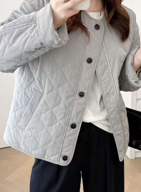 韩版时尚单排扣休闲菱格压线棉服上衣女文艺纯色宽松棉衣G43