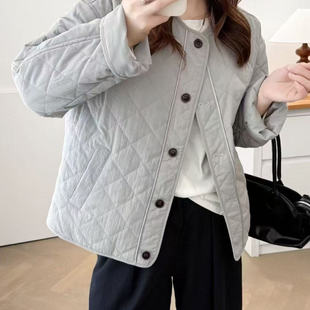 韩版 单排扣休闲菱格压线棉服上衣女文艺纯色宽松棉衣G43 时尚