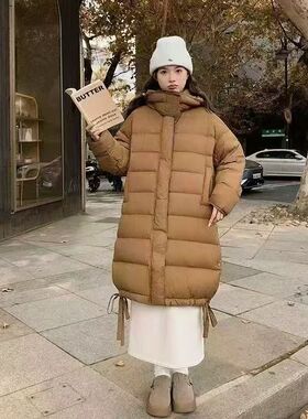 设计感加厚羽绒服女冬季中长款过膝连帽休闲保暖白鸭绒外套F34