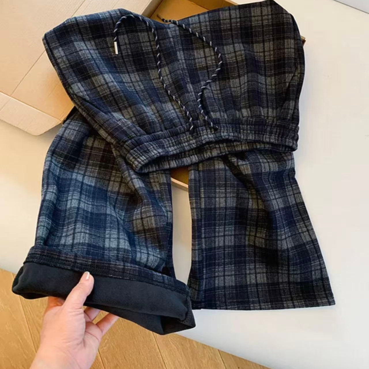 冬季加绒格纹阔腿裤女新款宽松直筒休闲长裤加厚保暖裤I33