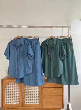 复古文艺牛仔套装单排扣翻领短袖衬衣松紧高腰休闲半身裙J14#