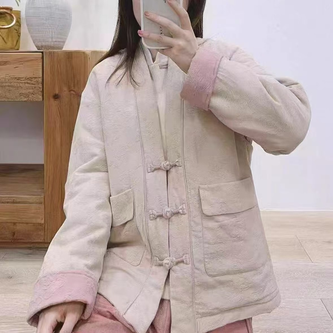 国风三盘扣重工精致提花棉服女时尚宽松加厚保暖棉衣外套T24