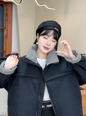 格子拼接时尚休闲夹棉棉服上衣女短款宽松百搭立领棉服M21#