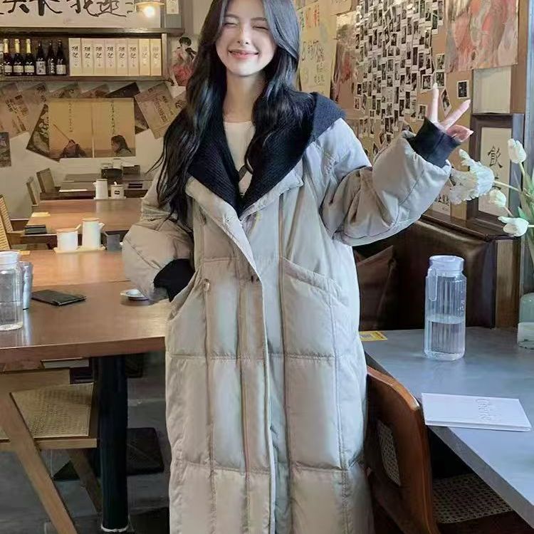 设计感针织连帽假两件白鸭绒外套女时尚宽松百搭过膝羽绒服I41 42