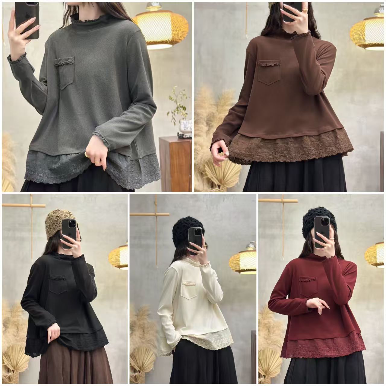 减龄甜美风蕾丝花边拼接套头打底衫女宽松百搭长袖上衣G33