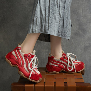 厚底老爹鞋 新款 真皮圆头系带拼色轻便运动休闲鞋 女2026春季