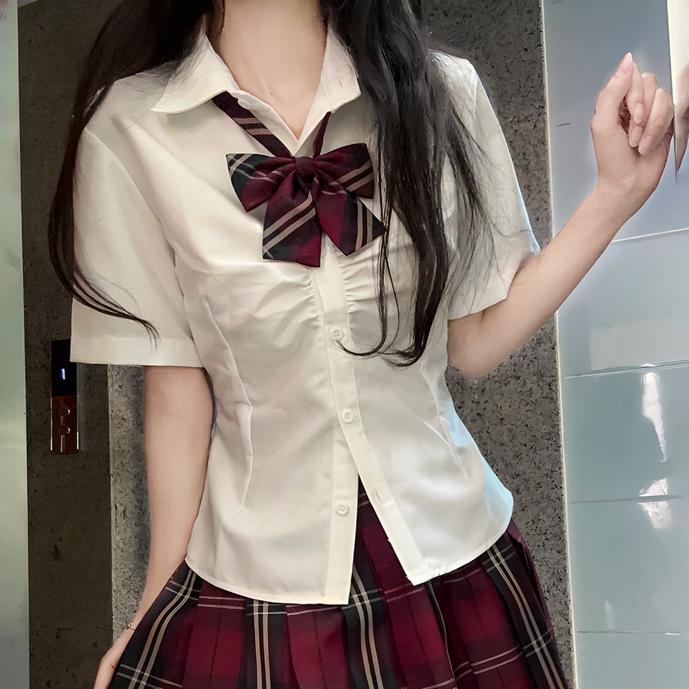 jk制服学院风百搭收腰紧身衬衫纯欲女生修身辣妹短袖绑带衬衣白色