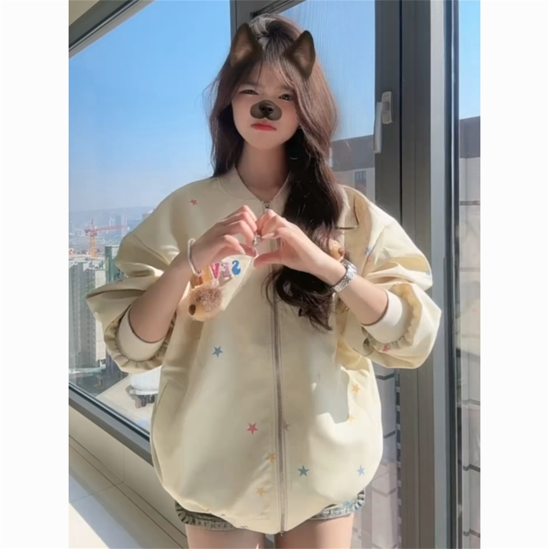 韩系可爱星星满印棒球服外套