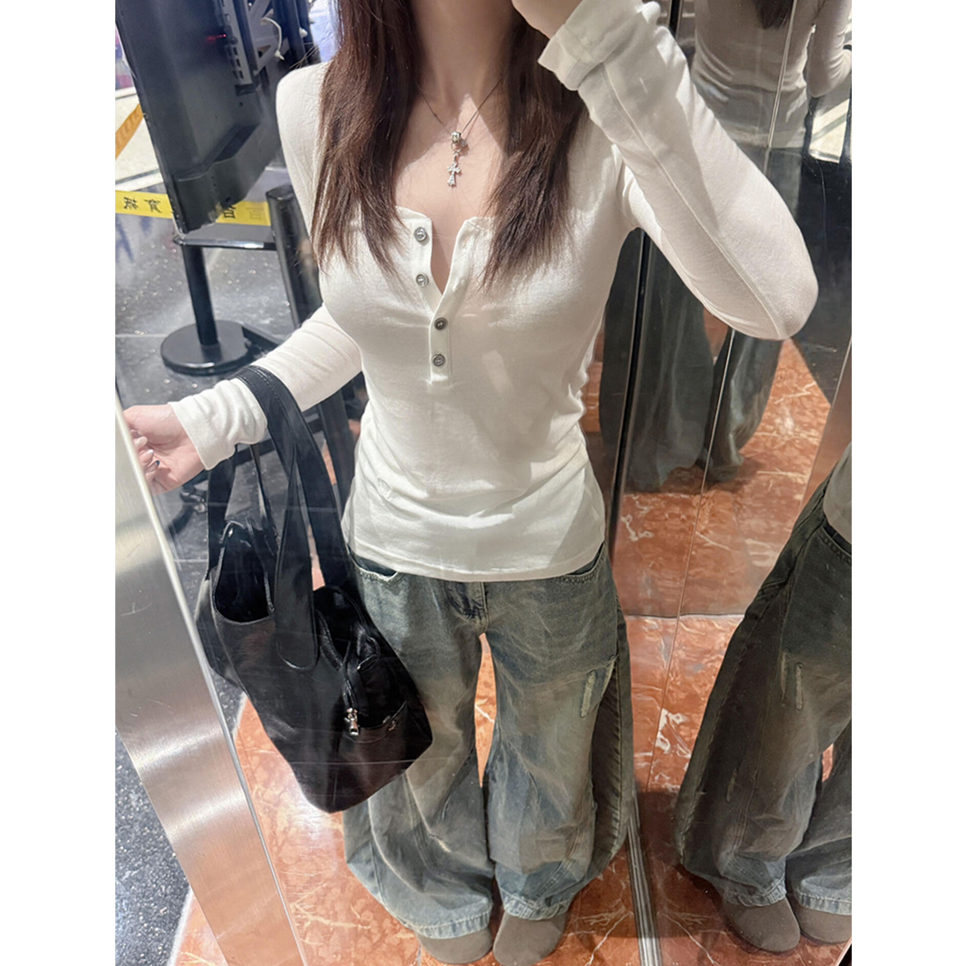韩系简约白色亨利领长袖t恤女