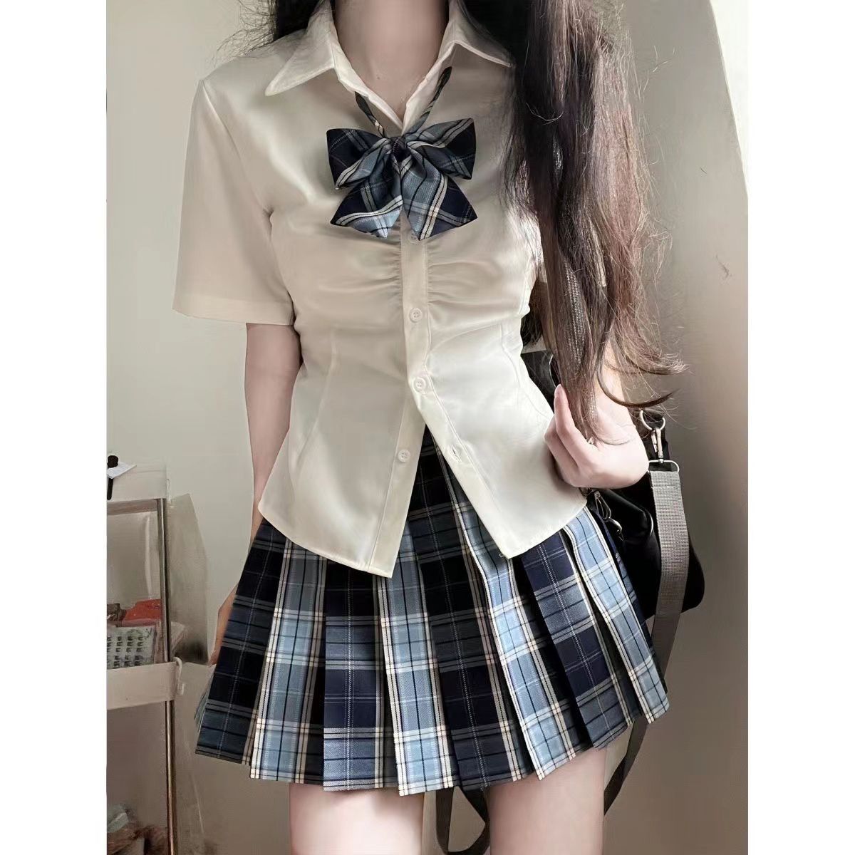 桃桃推荐~学院风jk制服套装夏收腰衬衫女生修身短袖绑带衬衣白色