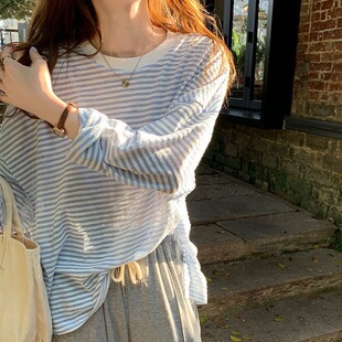 冰丝宽松别致防晒罩衫 t恤女夏透气薄款 上衣 条纹长袖 独特漂亮大码