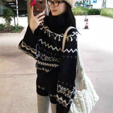 冬季穿搭一整套氛围感复古高领提花费尔岛毛衣女搭配针织拼接短裤