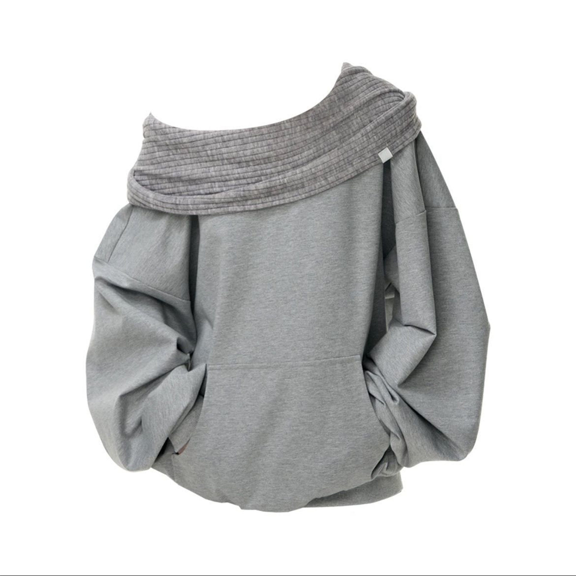 一字肩灰色长袖连帽卫衣外套女