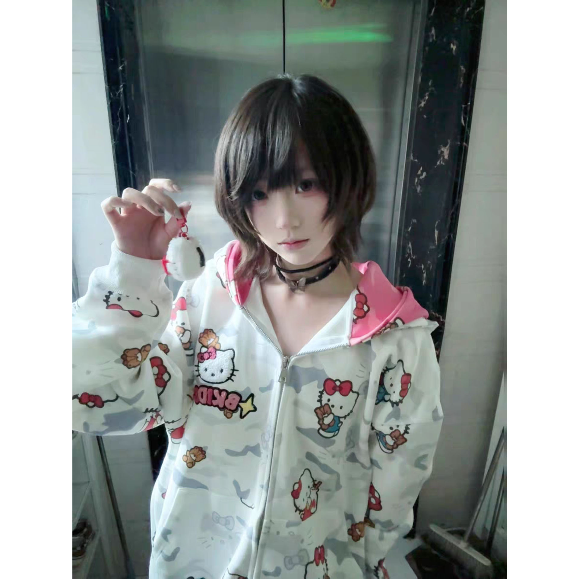 国潮牌美式高街迷彩猫咪连帽卫衣女秋宽松设计感小众开衫拉链外套