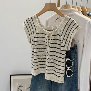 法式撞色夏季条纹镂空设计感薄款系带短袖针织T恤衫女小香风上衣