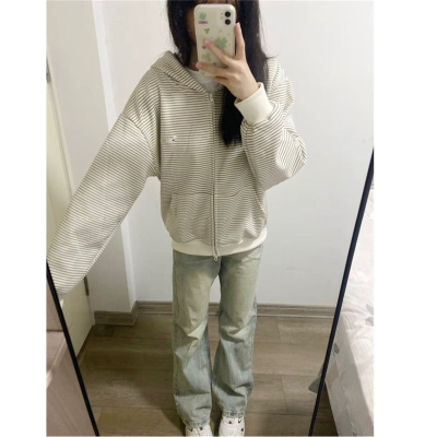 常规连帽秋季巨好看灰色条纹韩系