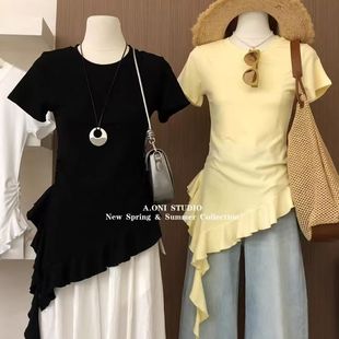 T恤 韩系别致辣妹修身 收腰黄色上衣女夏季 新款 设计感纯棉正肩短袖