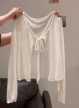 冰丝花纱针织防晒开衫女夏吊带裙外搭披肩外套薄镂空白色空调罩衫