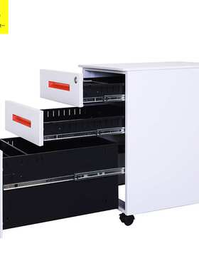 虎一办公家具红色拉扣手活动柜桌下三抽屉文件柜铁皮柜小移动矮柜